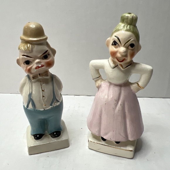 Vintage Happy And Mad Two Faced Couple Salt And Pepper Shakers - Picture 1 of 4